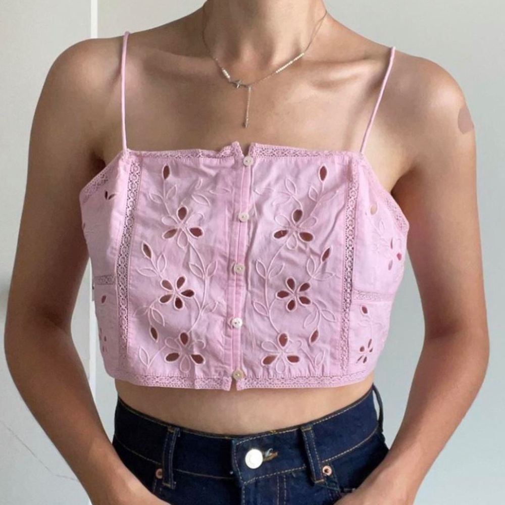 Zara  Pink Eyelet Cropped Tank Top